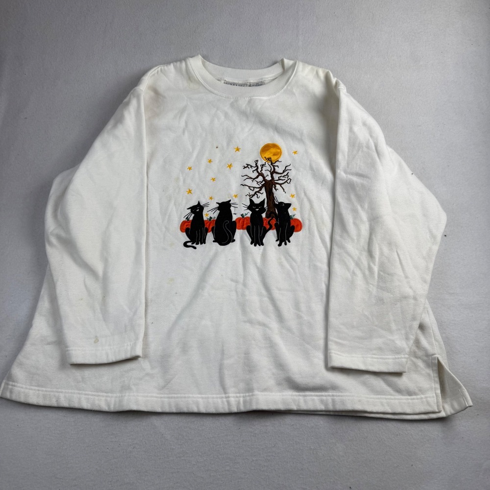 Basic Editions Plus Womens 2X Halloween Black‎ Cat Pumpkin Sweatshirt White VTG